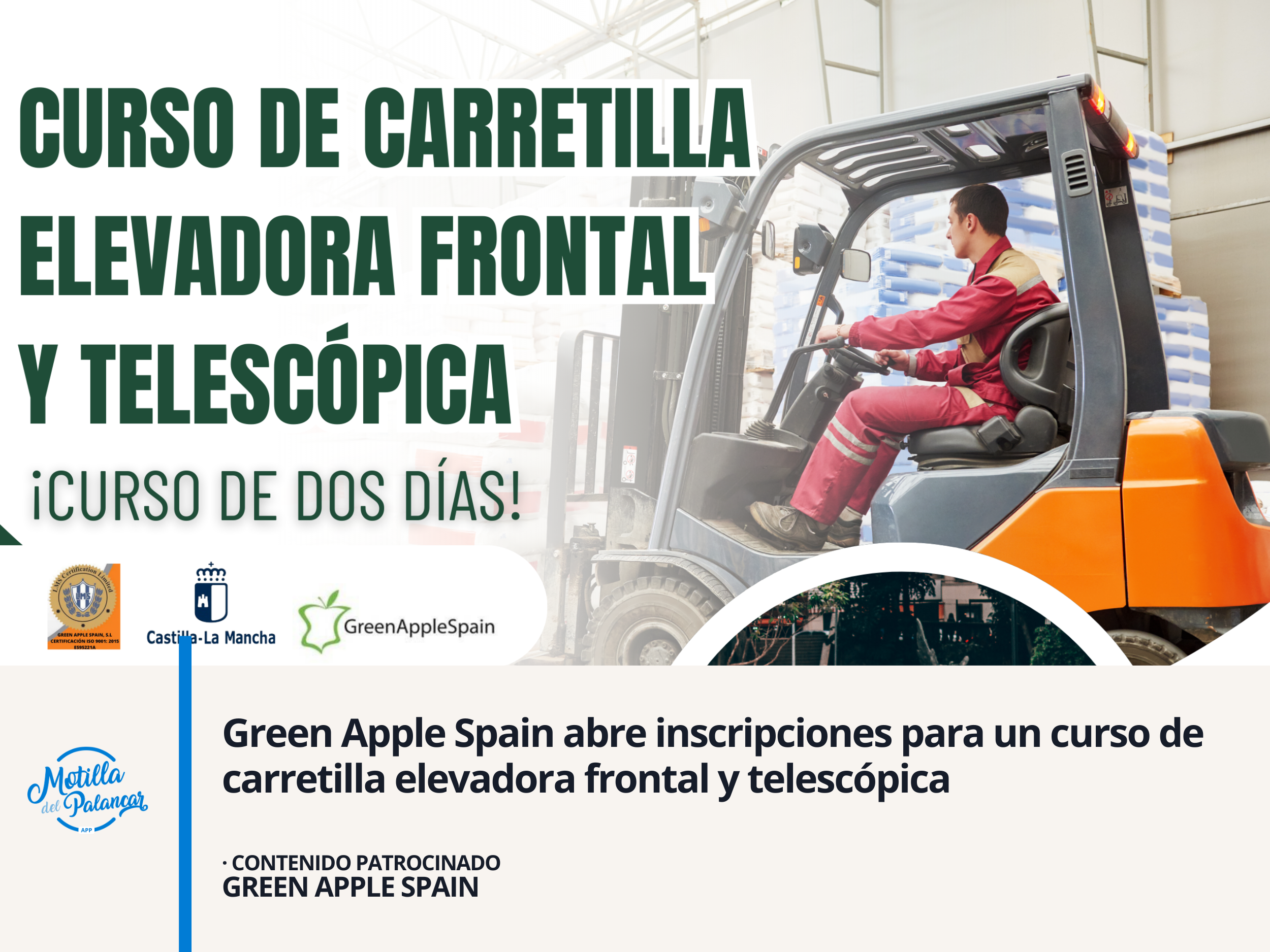 Green Apple Spain abre inscripciones para un curso de carretilla elevadora frontal y telescópica  - imagen 1